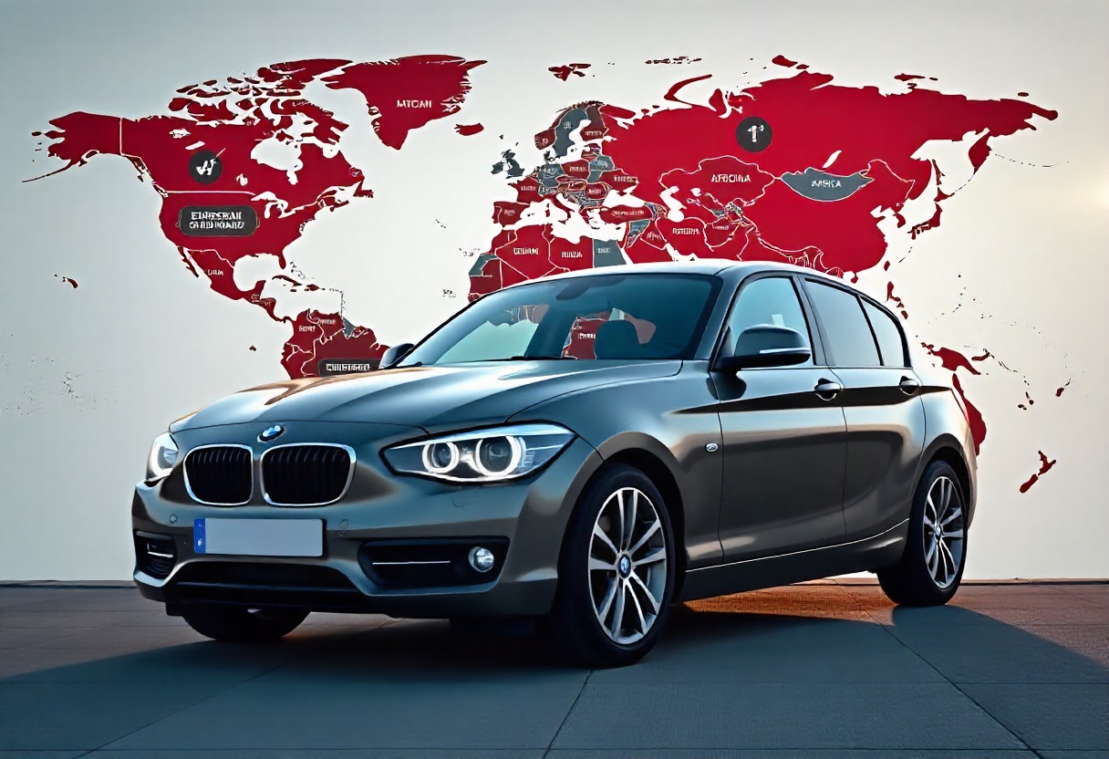 BMW 1er vor Weltkarte – internationaler Export nach Osteuropa, Nordafrika und Nahost mit starker Nachfrage nach Ersatzteilen