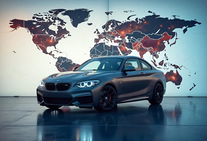 BMW 2er vor Weltkarte – Symbol für Export, Recycling und Autoverwertung