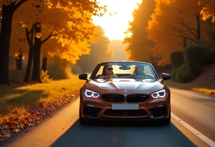 Cabrio im Herbst fährt durch eine Allee mit buntem Laub und goldenem Sonnenlicht