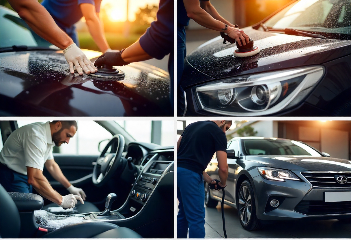 Checkliste Fahrzeugaufbereitung: Von Lackpflege bis Innenraumreinigung Fotocollage zur Fahrzeugaufbereitung mit Autowäsche, Lackpolitur, Innenraumreinigung und Technik-Check – visuelle Darstellung der wichtigsten Schritte vor dem Verkauf.