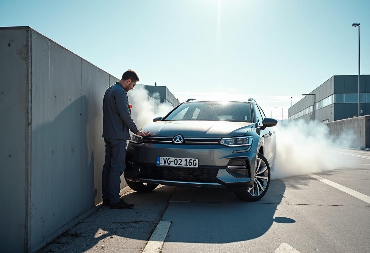CNG-Fahrzeug beim Crashtest mit sichtbaren Gasanlagen und Tanks