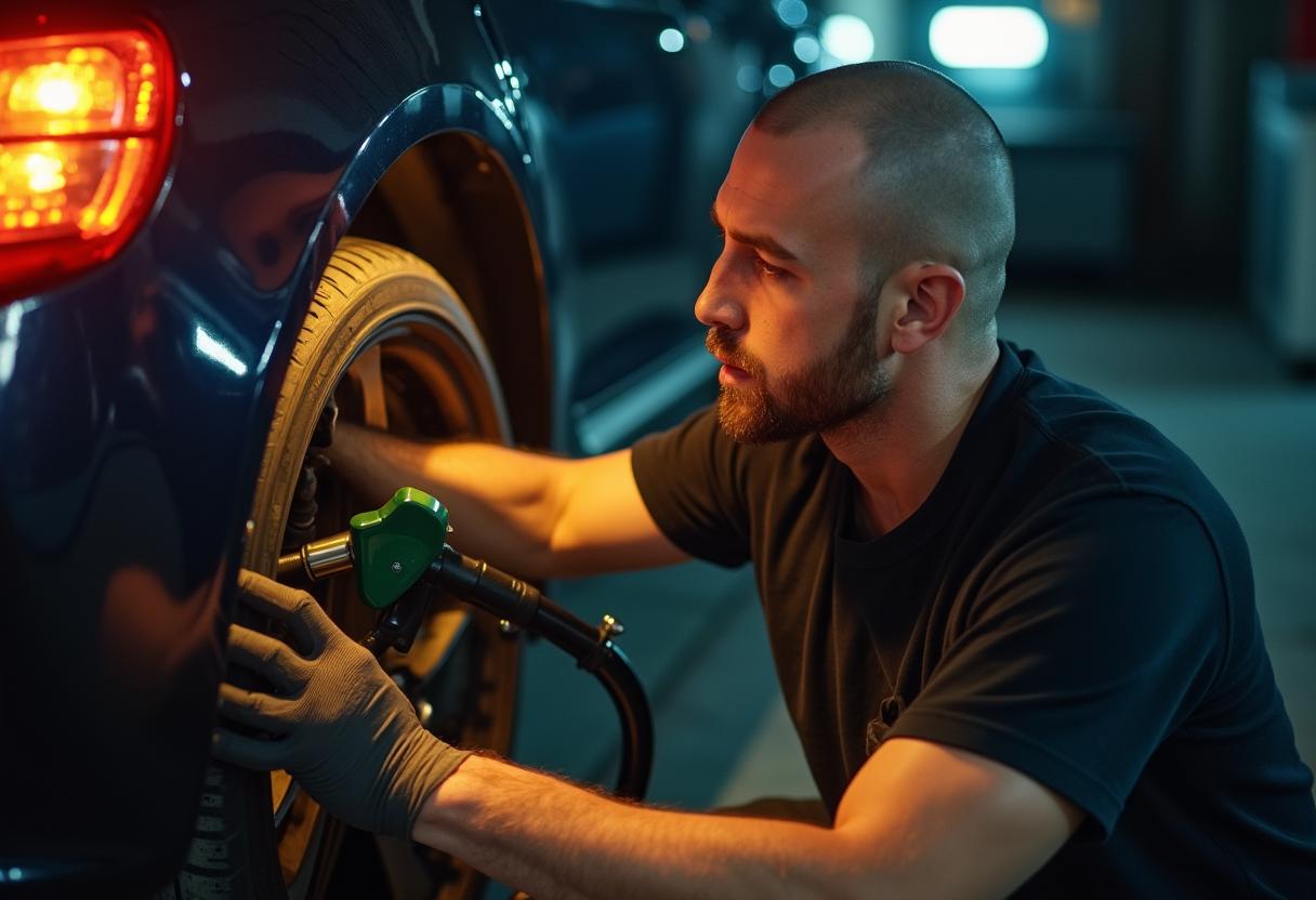 Mechaniker prüft die Gasanlage eines CNG-Autos bei der Hauptuntersuchung