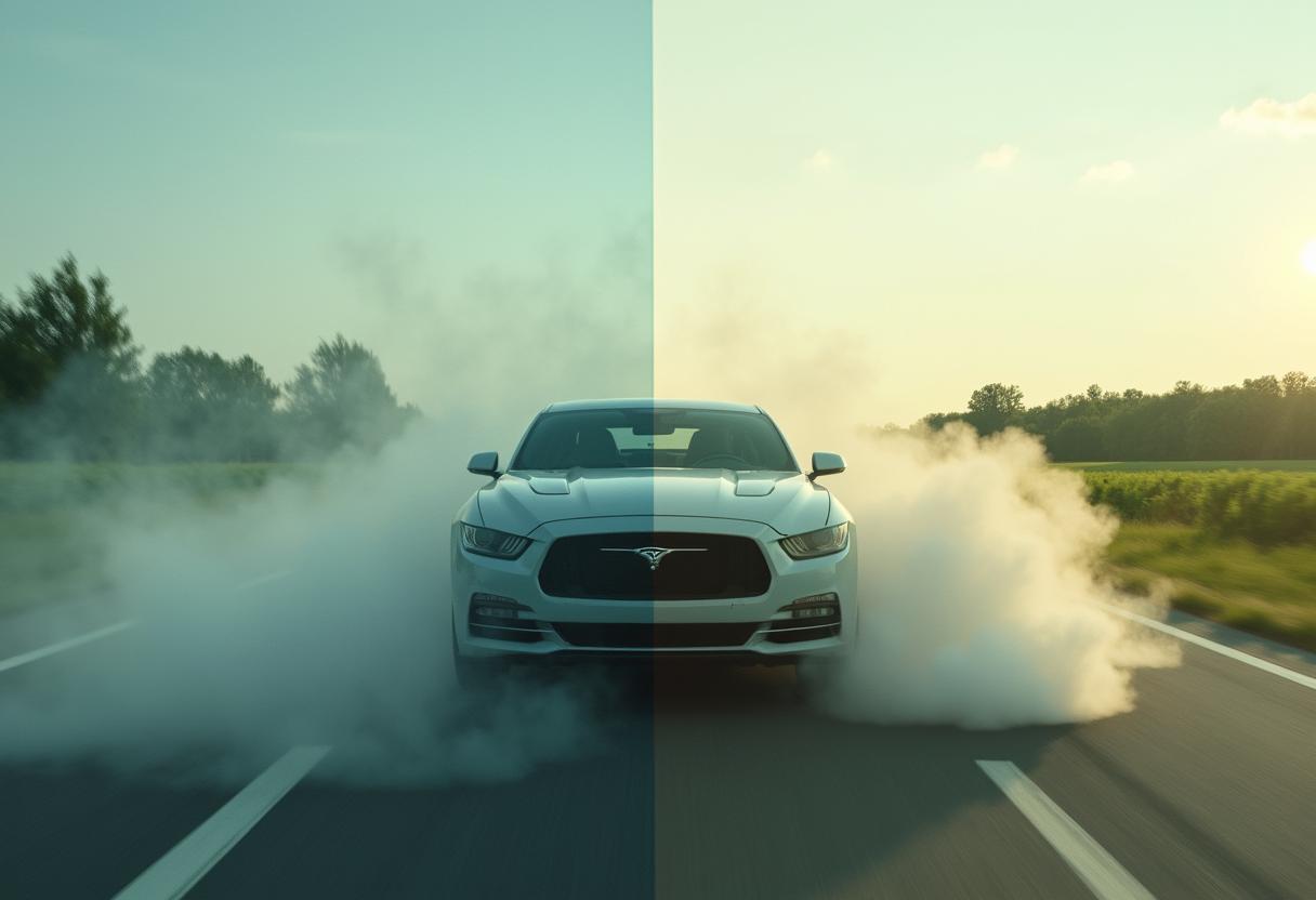 Vergleich von Abgasen: Links ein Auto mit starkem CO₂-Ausstoß durch Benzin, rechts ein LPG-Fahrzeug mit sauberer Luft