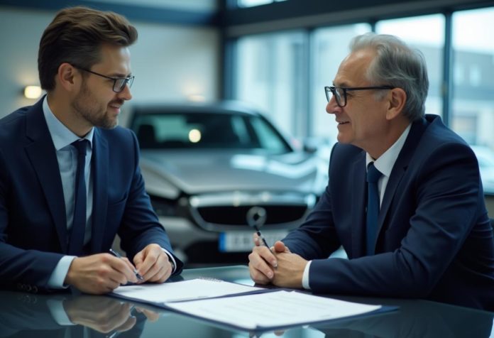 Autoverkauf mit Defekt – Verhandlung zwischen Autobesitzer und Händler, Kaufvertrag auf dem Tisch