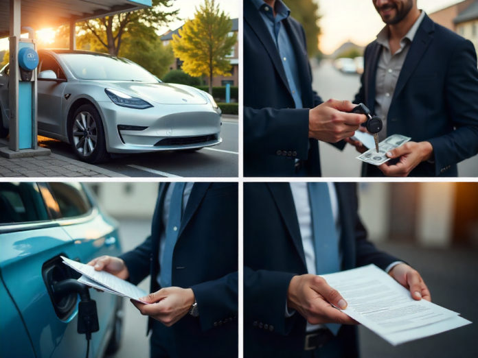 Fotocollage zeigt den Verkauf eines E-Autos mit Fokus auf Restwert, Akkuzustand und Förderungen.
