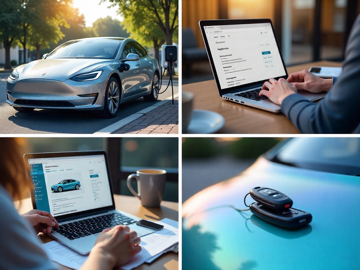 Besonderheiten beim Inserat: Worauf Käufer bei E-Autos achten Fotocollage zeigt die Erstellung einer Verkaufsanzeige für ein Elektroauto mit Fokus auf Akku, Reichweite und Ladezubehör.