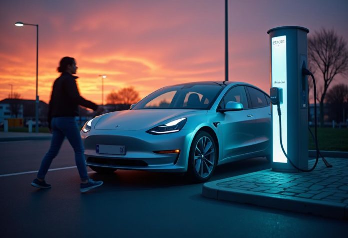 Elektroauto bei einer Schnellladestation in Deutschland im Sonnenuntergang
