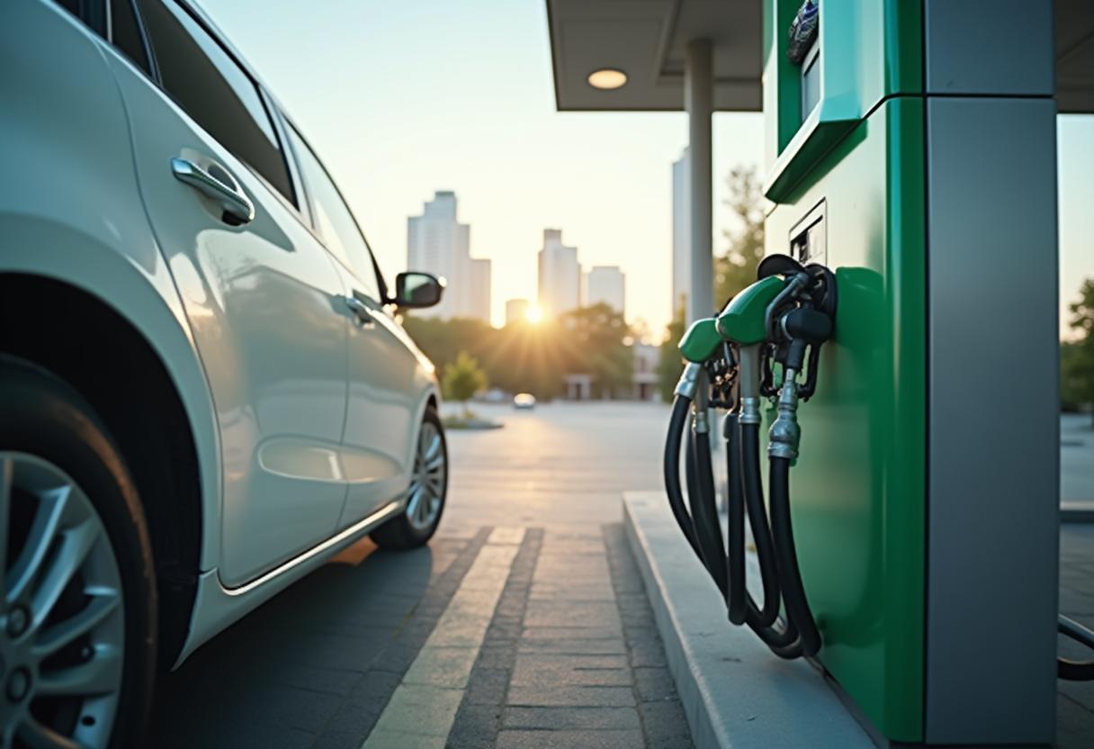 PKW mit komprimiertem Erdgas wird an Zapfsäule betankt