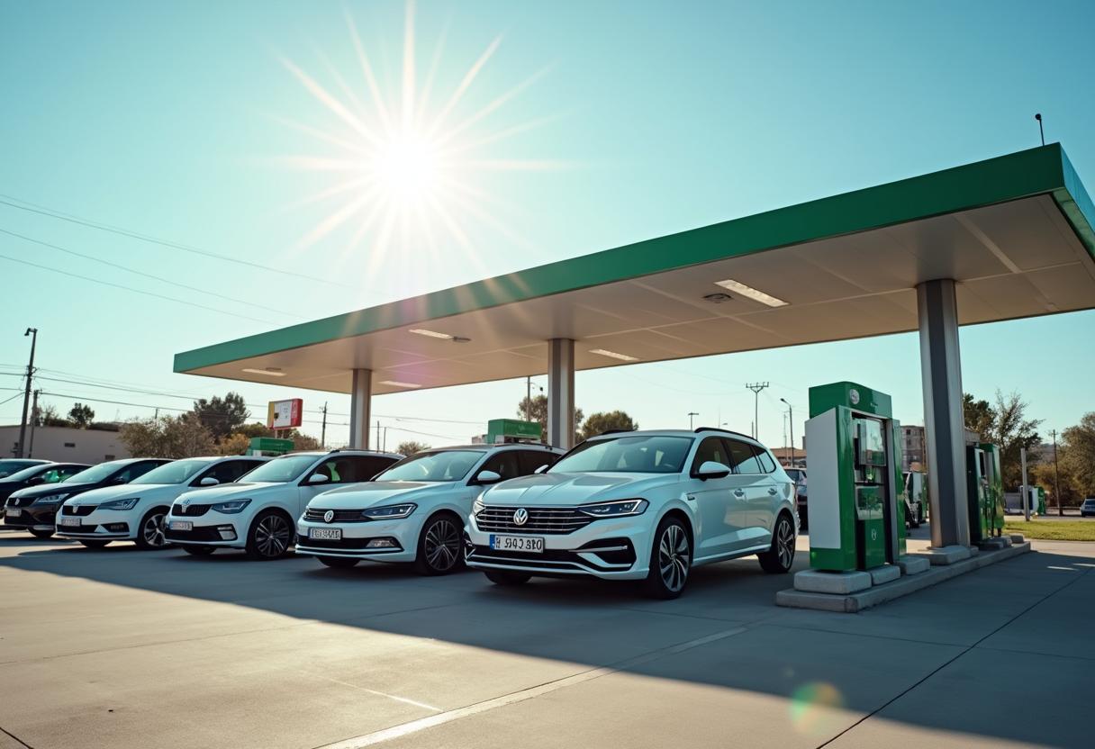 Erdgasautos verschiedener Hersteller an Tankstelle Erdgasfahrzeuge wie VW Golf, Seat Leon und Skoda Octavia an CNG-Zapfsäule