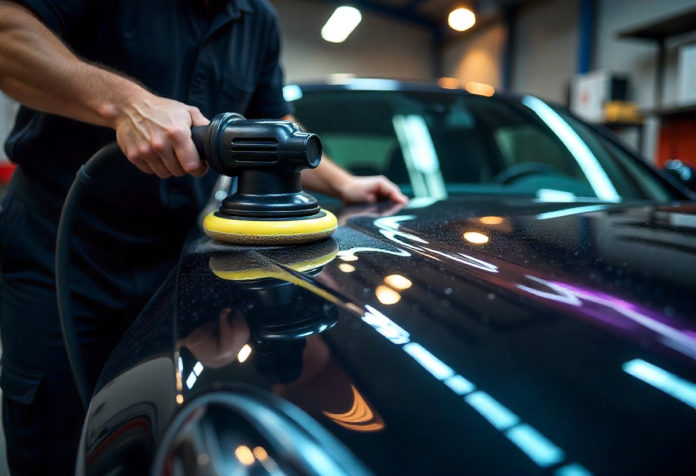 Fachmann bei der Fahrzeugaufbereitung poliert die Motorhaube eines Autos in einer Werkstatt – Symbol für Autopflege und Werterhalt.