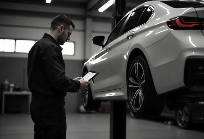 Inspektion eines Fahrzeugs ohne TÜV in moderner Werkstatt