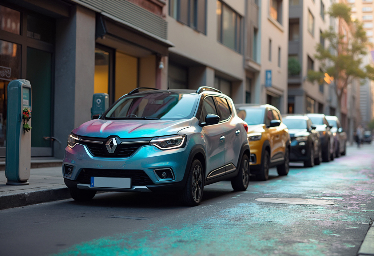 Kompakte gebrauchte Elektroautos wie Renault Zoe, Fiat 500e und BMW i3 an einer Ladestation in der Stadt – ideale Modelle für 2025