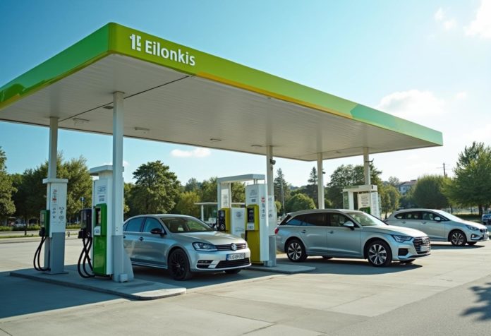 Zapfsäule mit H-Gas- und L-Gas-Kennzeichnung an einer CNG-Tankstelle
