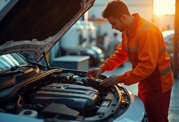 Mechaniker überprüft LPG-Anlage eines Fahrzeugs während der Inspektion in einer Werkstatt