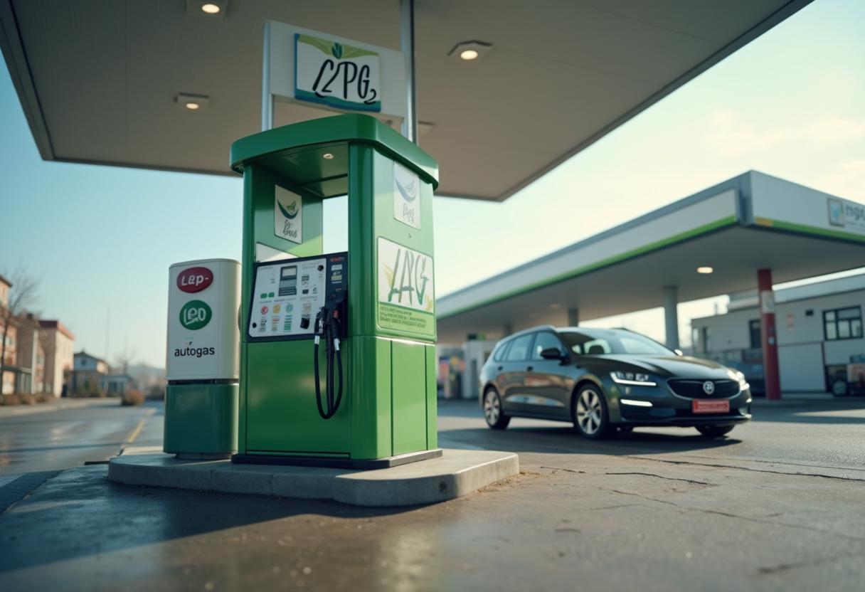 Auto tankt an moderner LPG-Tankstelle in Deutschland mit klar erkennbarer Autogas-Zapfsäule