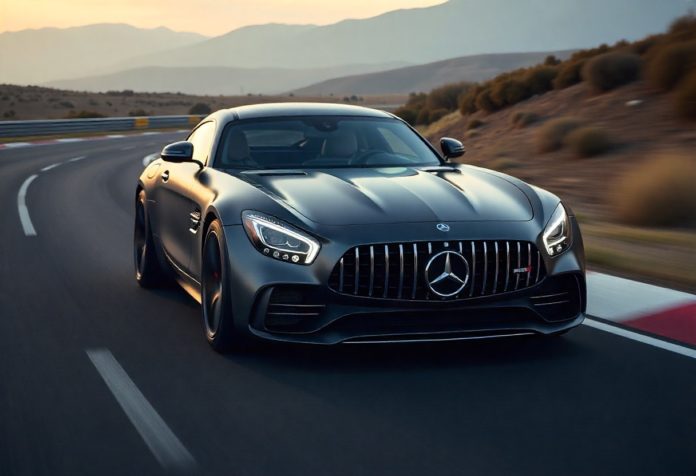 Fotorealistisches Bild des Mercedes-AMG GT XX Concept, Elektro-Supersportwagen auf der Rennstrecke bei Höchstgeschwindigkeit