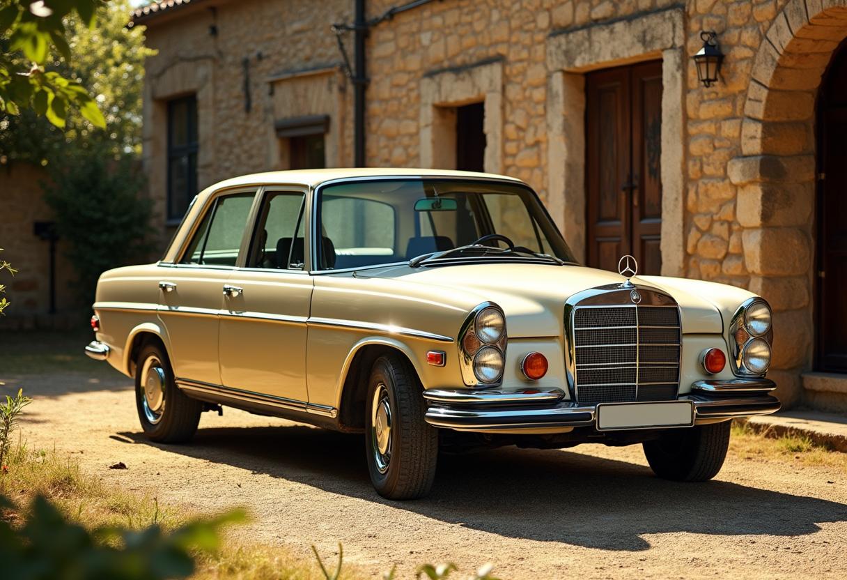 Mercedes W123 – Warum er zur Legende wurde Klassischer Mercedes W123 mit zeitlosem Design und Chromdetails – Symbol für Zuverlässigkeit und Mercedes-Qualität.