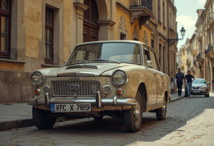 Klassischer Oldtimer mit H-Kennzeichen vor historischem Gebäude als Symbol für Kulturgut und Zulassung