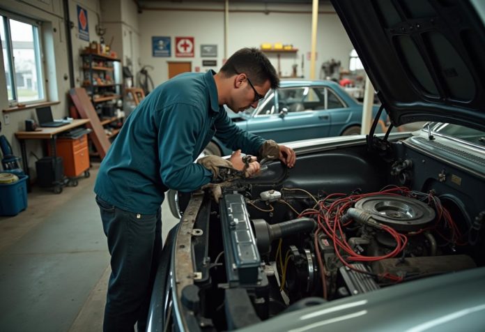 Mechaniker überprüft die Elektronik eines Oldtimers in einer Werkstatt mit sichtbaren Kabeln und Motorbauteilen