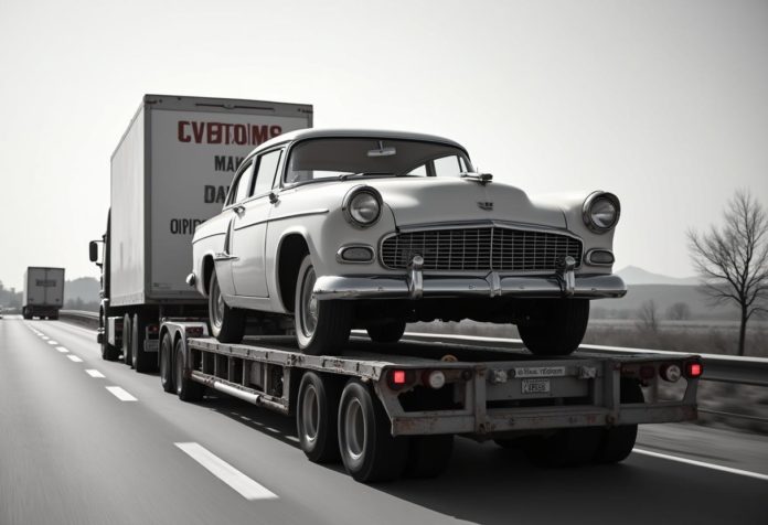 Ein klassischer Oldtimer überquert eine Grenze – Zollbehörde im Hintergrund