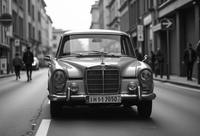 Klassischer Oldtimer mit H-Kennzeichen fährt in eine städtische Umweltzone mit sichtbaren Verkehrsschildern
