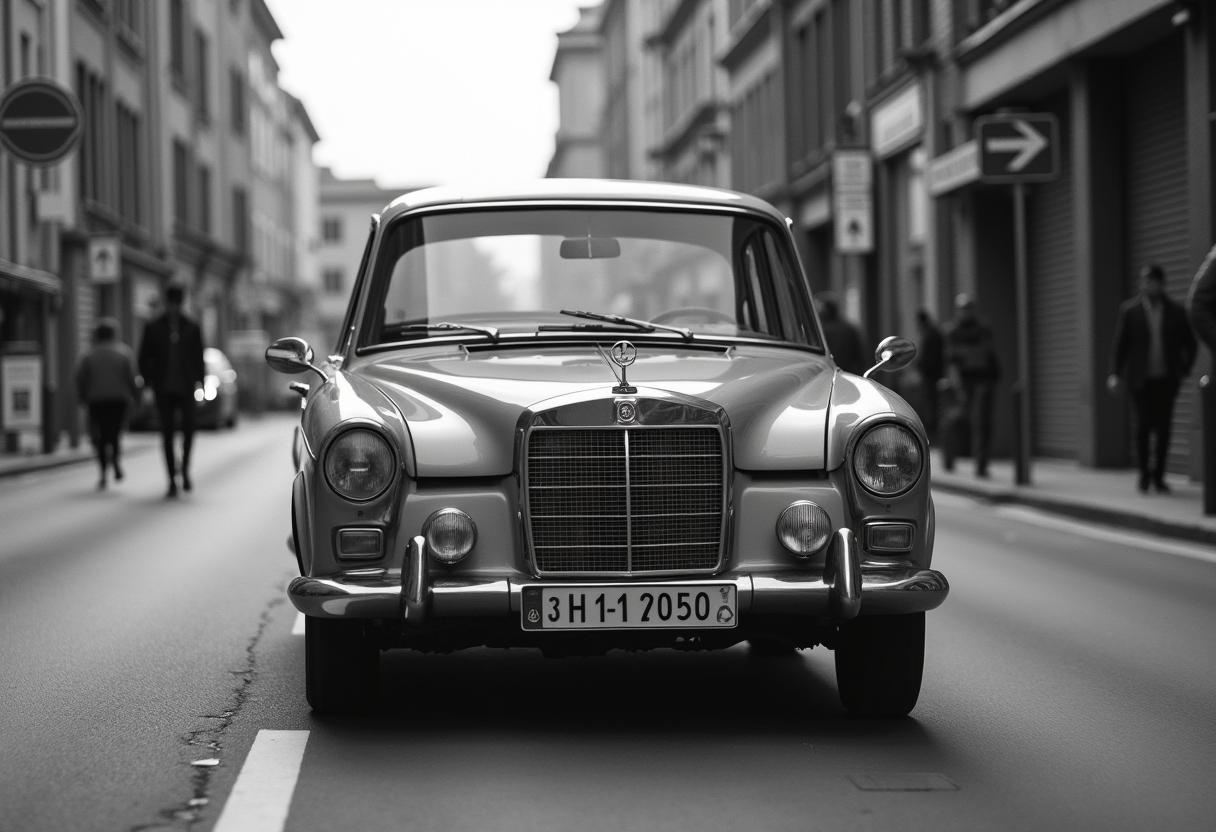 Klassischer Oldtimer mit H-Kennzeichen fährt in eine städtische Umweltzone mit sichtbaren Verkehrsschildern