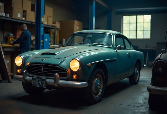 Oldtimer in einer Werkstatt während der Restaurierung mit sichtbarer Patina und Facharbeit an Motor und Karosserie