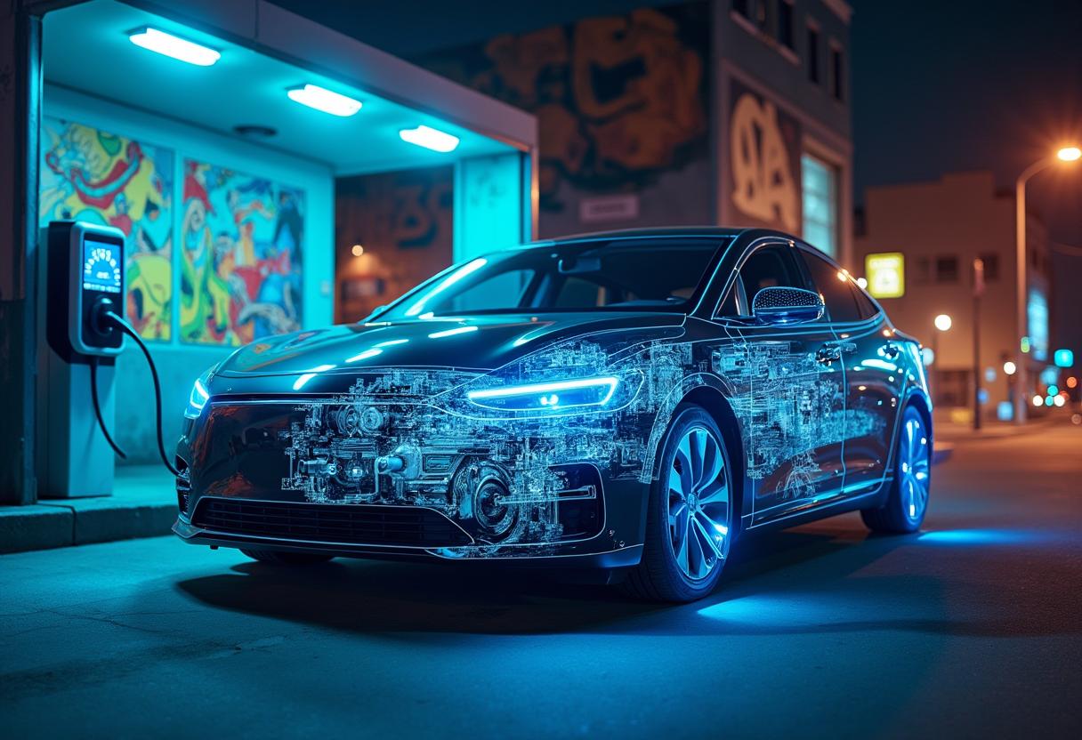 Hybridfahrzeug beim Laden – Plug-in Hybrid Technikseite Plug-in-Hybridauto beim Laden mit Schaltbild der hybrid-Komponenten