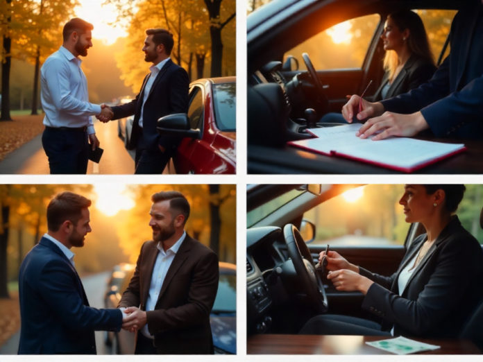 Fotocollage zum rechtssicheren Autoverkauf: Probefahrt, Vertragsunterzeichnung und Schlüsselübergabe mit Kaufpreis.