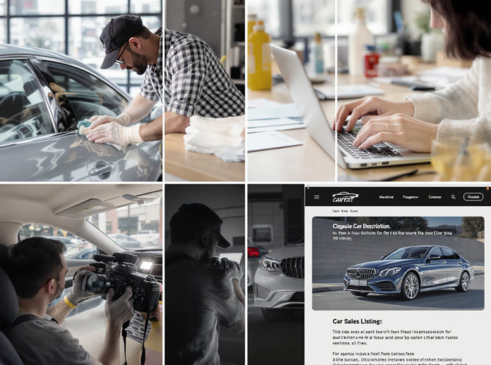 Fotocollage zeigt die Schritte zur perfekten Auto-Verkaufsanzeige: Fahrzeug reinigen, Unterlagen sammeln, Beschreibung schreiben, Fotos aufnehmen und Inserat online stellen.