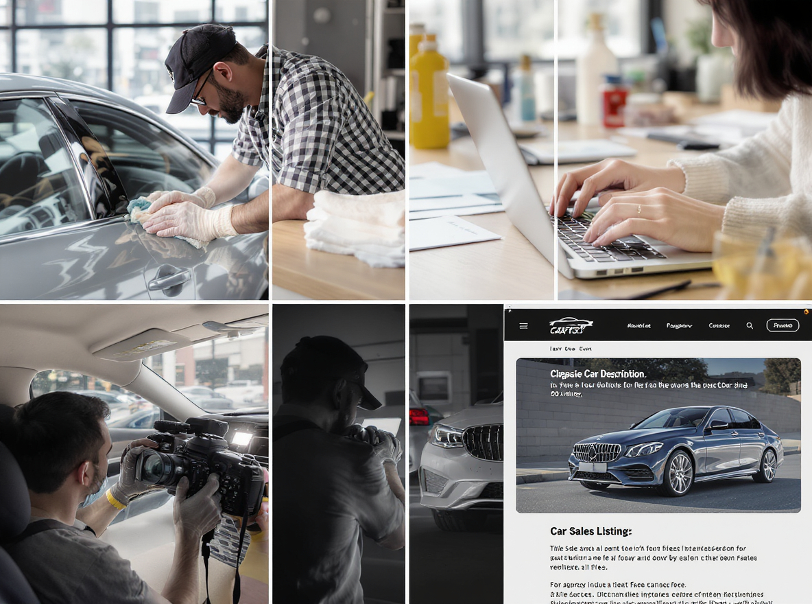 Schritt-für-Schritt-Anleitung für die perfekte Auto-Verkaufsanzeige Fotocollage zeigt die Schritte zur perfekten Auto-Verkaufsanzeige: Fahrzeug reinigen, Unterlagen sammeln, Beschreibung schreiben, Fotos aufnehmen und Inserat online stellen.