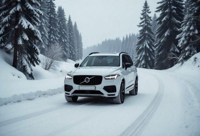SUV fährt im Winter sicher auf verschneiter Bergstraße in Deutschland