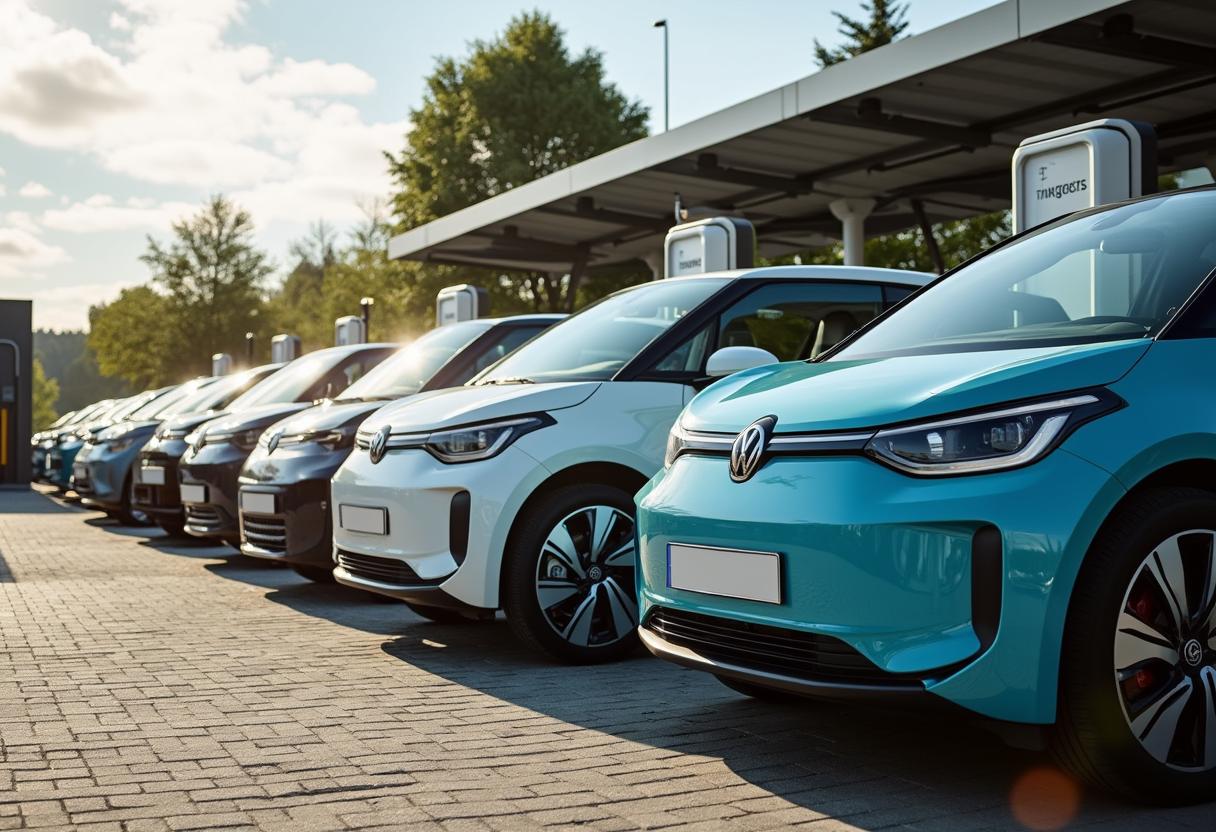 Gebrauchte Elektroautos verschiedener Hersteller an einer Ladestation – Vergleich von Reichweite, Preisen und Ladezeiten 2025