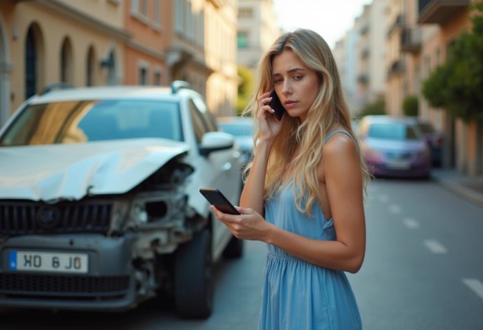 Frau steht nach Autounfall neben ihrem beschädigten Auto – Unfallauto verkaufen sicher, schnell und fair