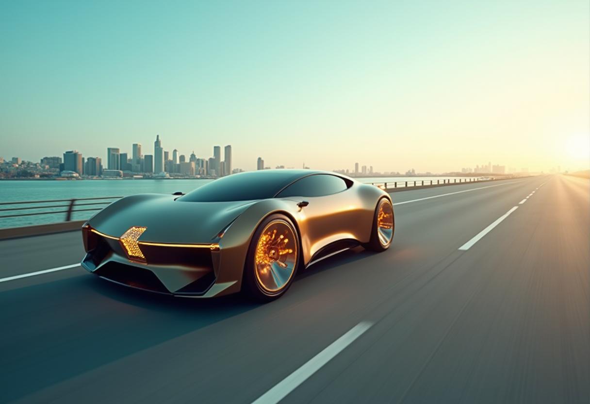 Wasserstoffauto mit Brennstoffzelle auf moderner Straße – Symbol für Chancen und Grenzen der Technologie