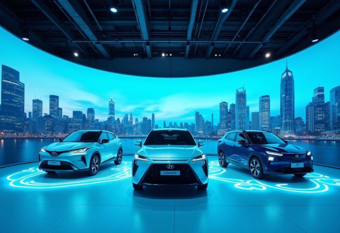 Wasserstoffautos wie Toyota Mirai und Hyundai Nexo auf moderner Bühne – Symbol für aktuelle Modelle und Zukunftsperspektiven