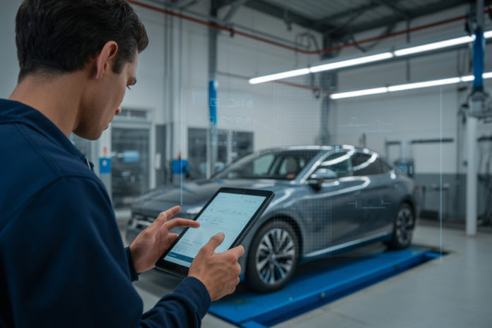 Mechaniker führt Software-Update an modernem Fahrzeug per Tablet durch