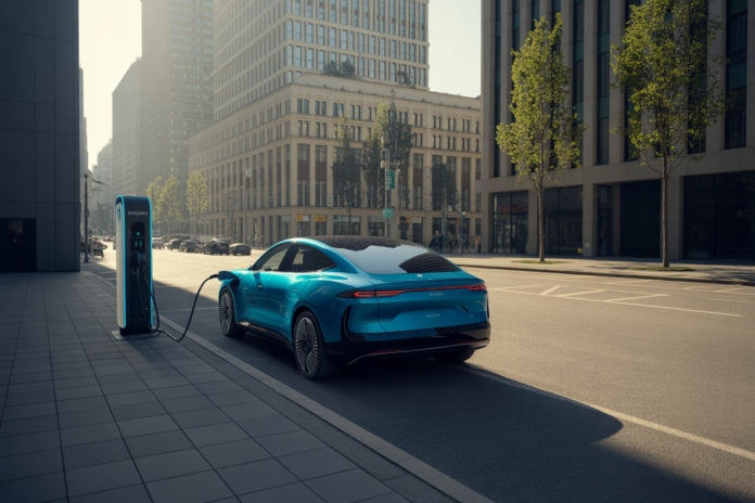 Elektroauto an Schnellladesäule im Jahr 2028 mit moderner Infrastruktur