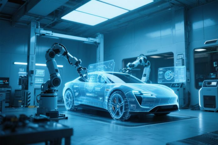 KI-gesteuerte Werkstatt mit Robotern und digitaler Fahrzeugdiagnose